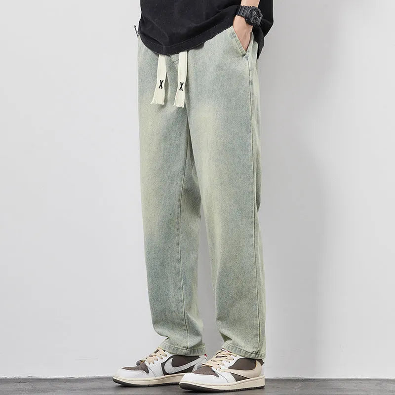 Men's loose wide leg denim trousers with elasticated drawstring waist in multiple colours, straight-leg fit