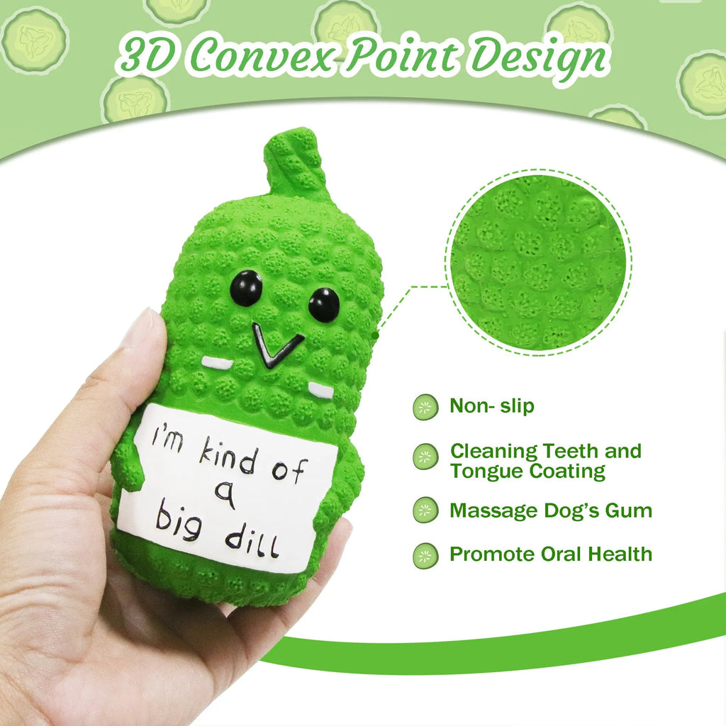Green latex pickle-shaped dog chew toy with a nubby texture and squeaker inside.