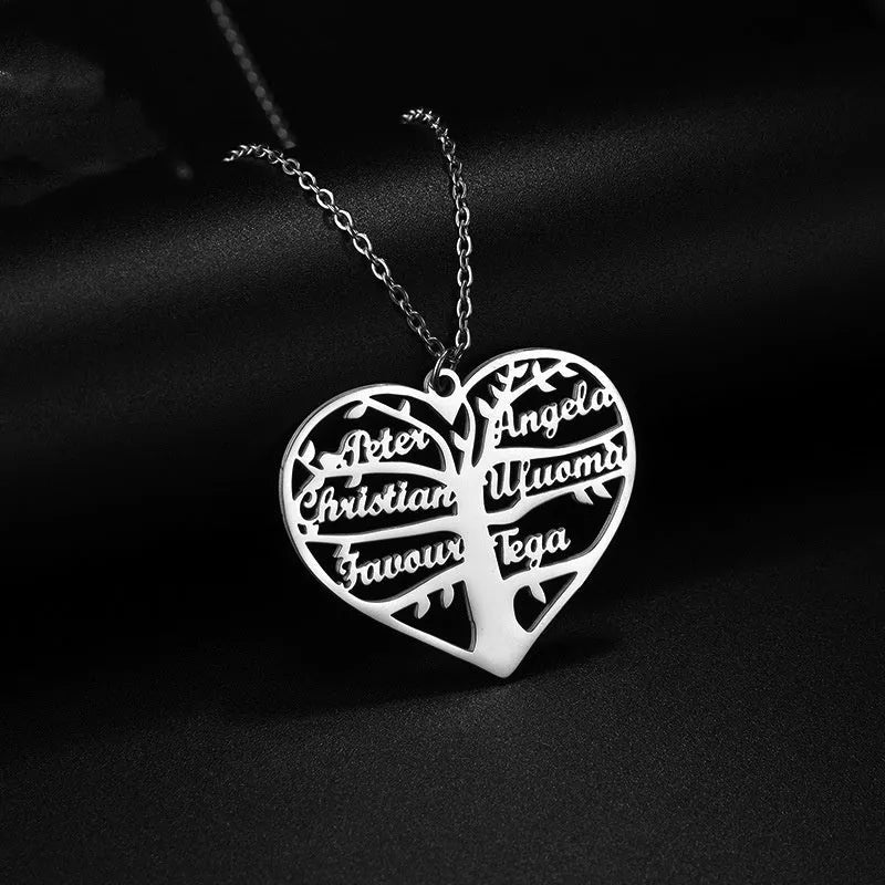 Custom stainless steel necklace with hollow heart tree pendant and engraved names in gold or silver finish