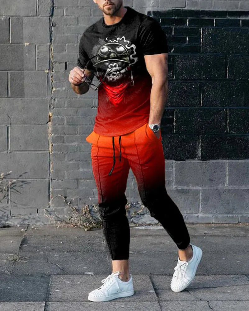 Man wearing a thin, short-sleeve polyester blend pullover and matching trousers from a sports tracksuit set.