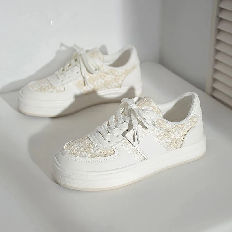 Beige plaid platform sports shoes with mesh lining and a white rubber sole.
