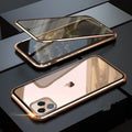 Closed black clamshell privacy case for iPhone showing front screen and sliding camera cover tabs.