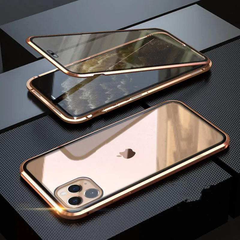 Closed black clamshell privacy case for iPhone showing front screen and sliding camera cover tabs.