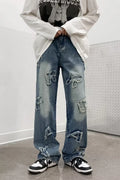 Men's loose retro casual wide-leg straight pants in blue cotton fabric with mid-rise waist