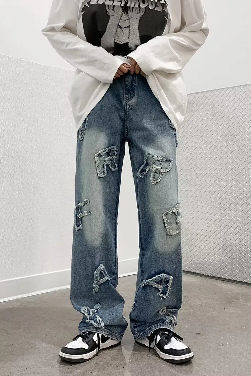 Men's loose retro casual wide-leg straight pants in blue cotton fabric with mid-rise waist