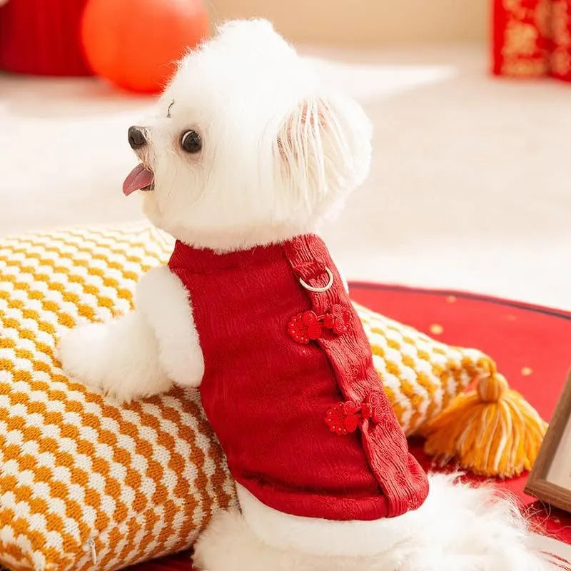 Red Chinese-style thermal cotton dog outfit for small breeds with festive New Year design