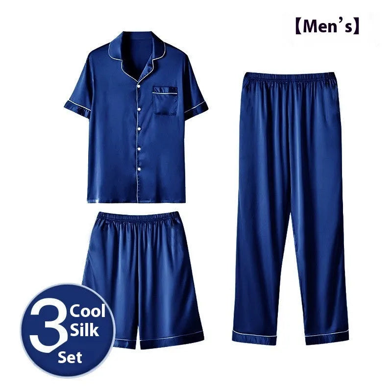 Men's ice silk three-piece home wear set showing trousers, shorts, and top in a neutral colour.