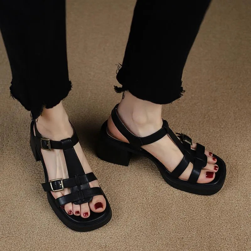 Women's retro T-buckle platform sandals with chunky heel in black colour showing square toe design