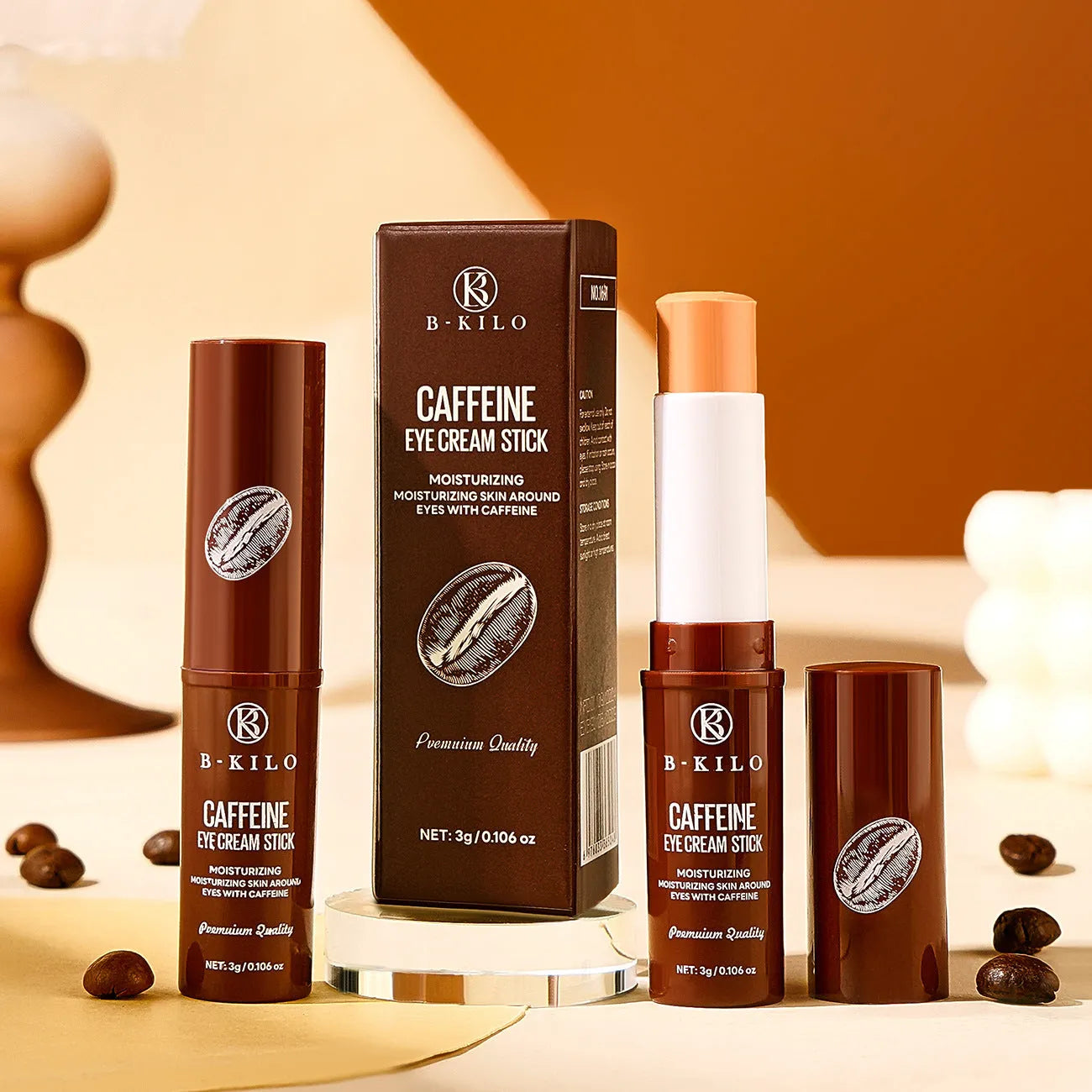 Caffeine eye cream stick in a white tube for under-eye hydration and dark circles.