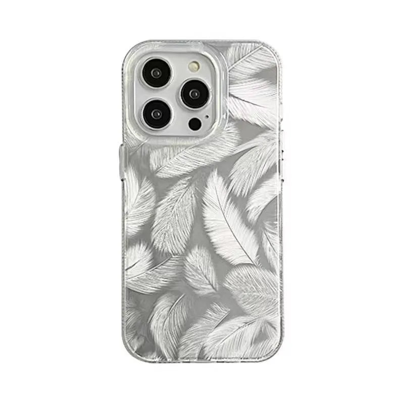 Feather pattern gradient TPU phone case in Silver Gray with three-dimensional relief design for iPhone