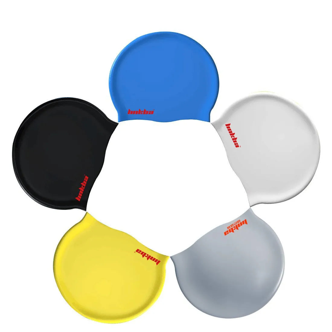 Silicone swimming cap with earmuffs in letter pattern design showing colour options