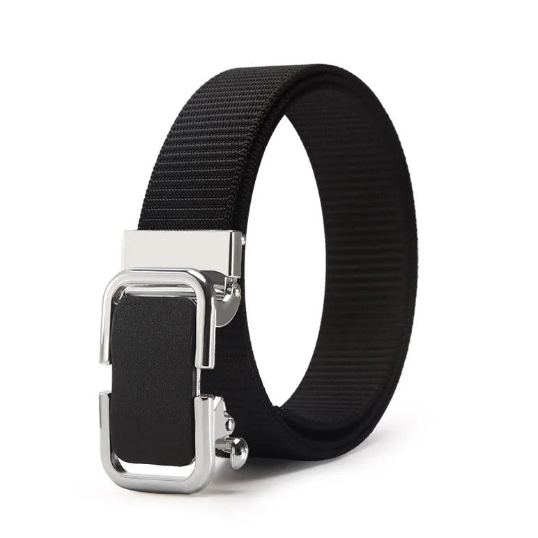 Men's toothless nylon canvas belt with alloy buckle showing adjustment mechanism