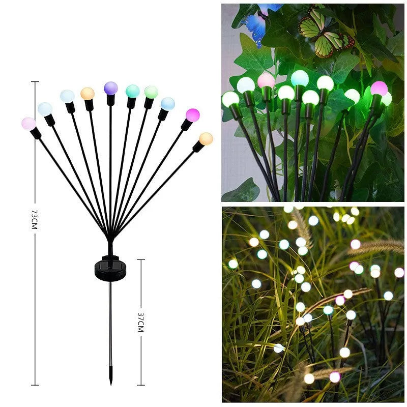 Solar-powered LED firefly ground lamp with multiple light heads for garden pathway illumination