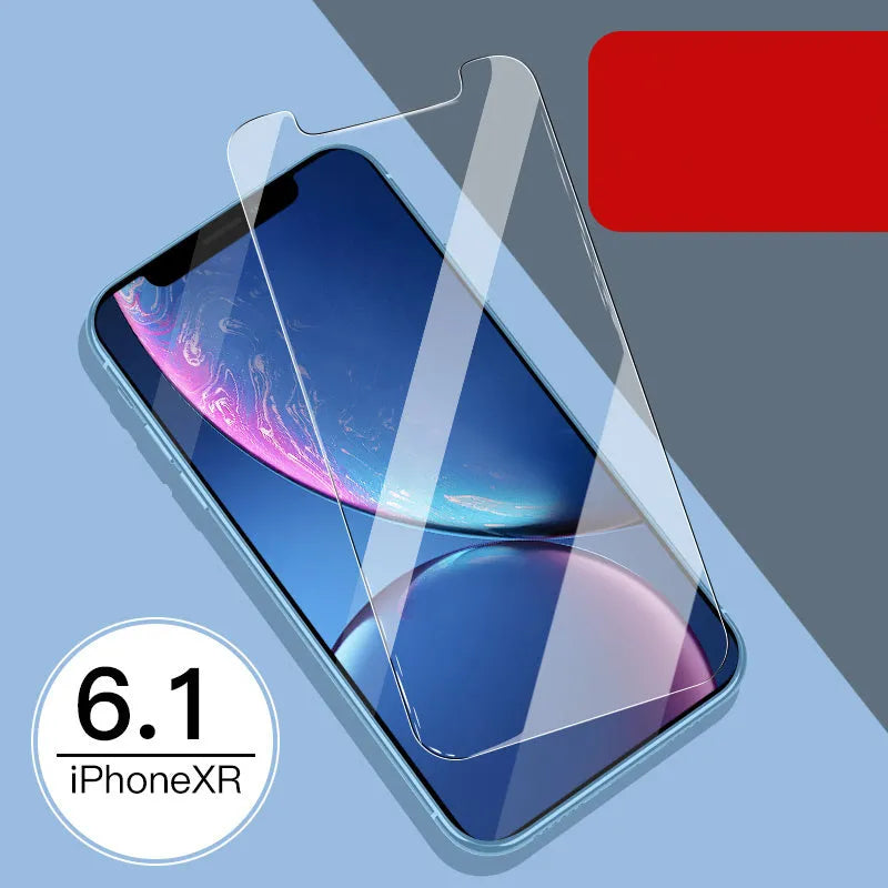 Tempered glass screen and rear protector film for Apple iPhone models on a table.
