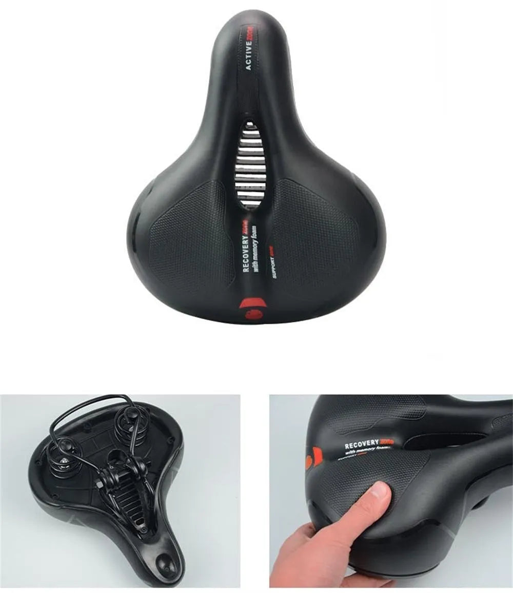 Bicycle saddle with steel spring suspension, PU leather cover, 6mm wrench, and tyre repair patch kit.
