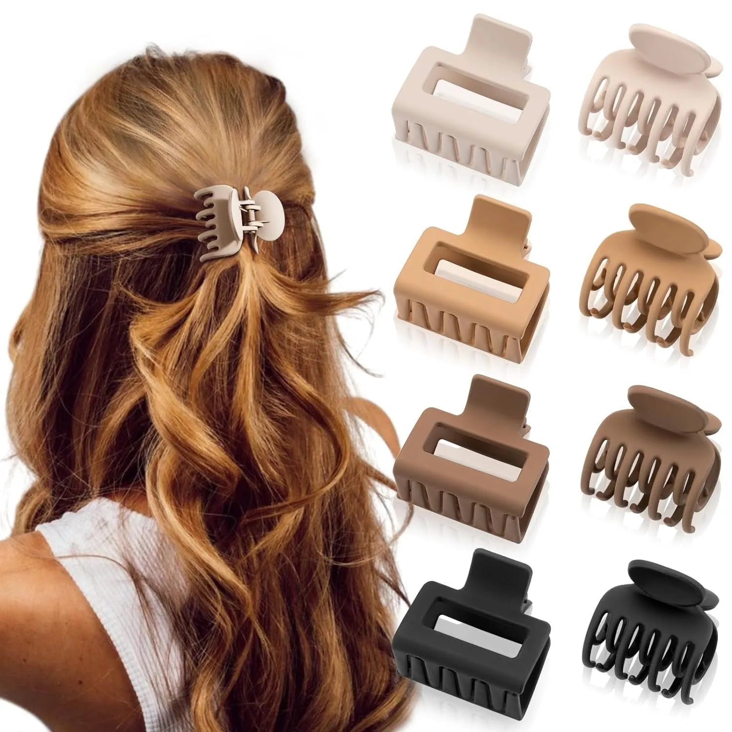 Six plastic hair clips with frosted grip and quadrilateral design in nude colour