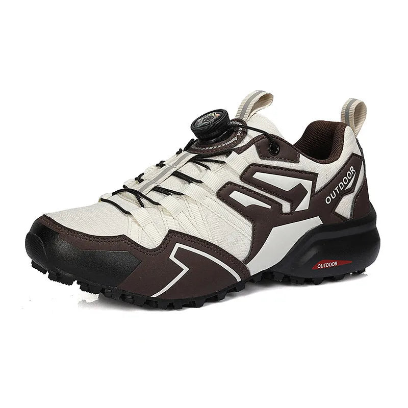 Men's lightweight hiking shoes with elastic band closure in beige, black, and black red colour options
