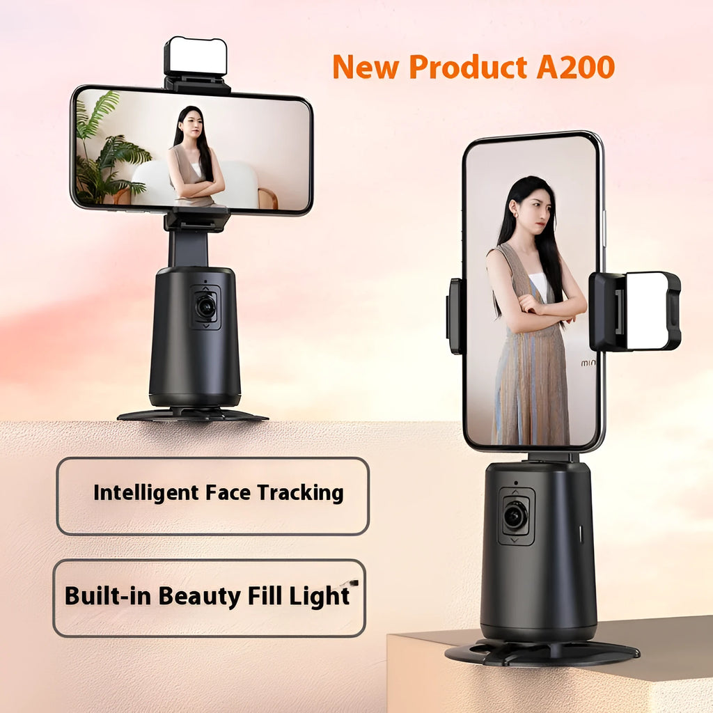 Black desktop phone holder with face tracking technology and ribbon LED lighting