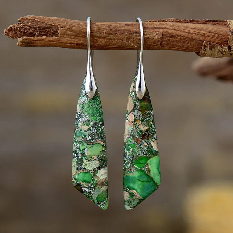 Bohemian emperor stone geometric pendant earrings with tassel and plaid details, shoushan gold colour option for women
