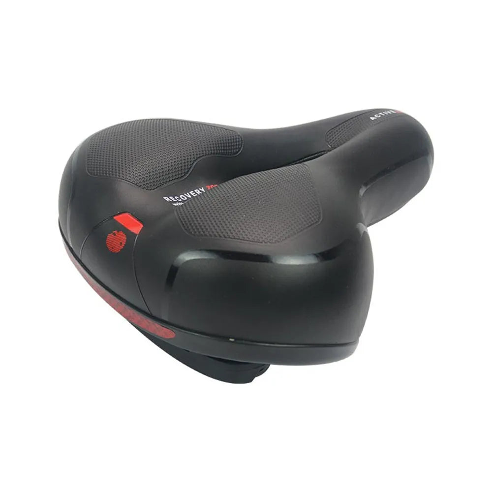 Bicycle saddle with steel spring suspension, PU leather cover, 6mm wrench, and tyre repair patch kit.