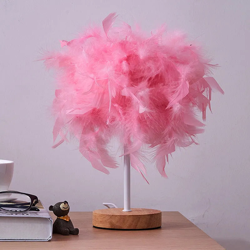 LED feather table lamp with wooden art base, USB cable, and about 26cm by 100mm size