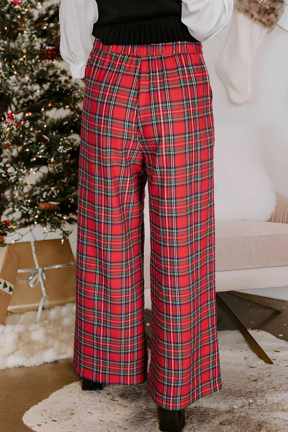 Red women's casual lattice loose trousers with elastic waist, loose fit, temperment commute style