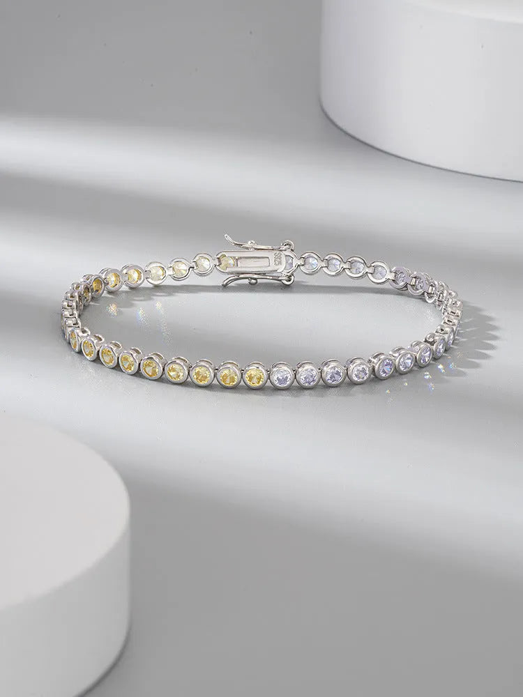 S925 sterling silver two-tone zircon bracelet with round geometric links and electroplated finish