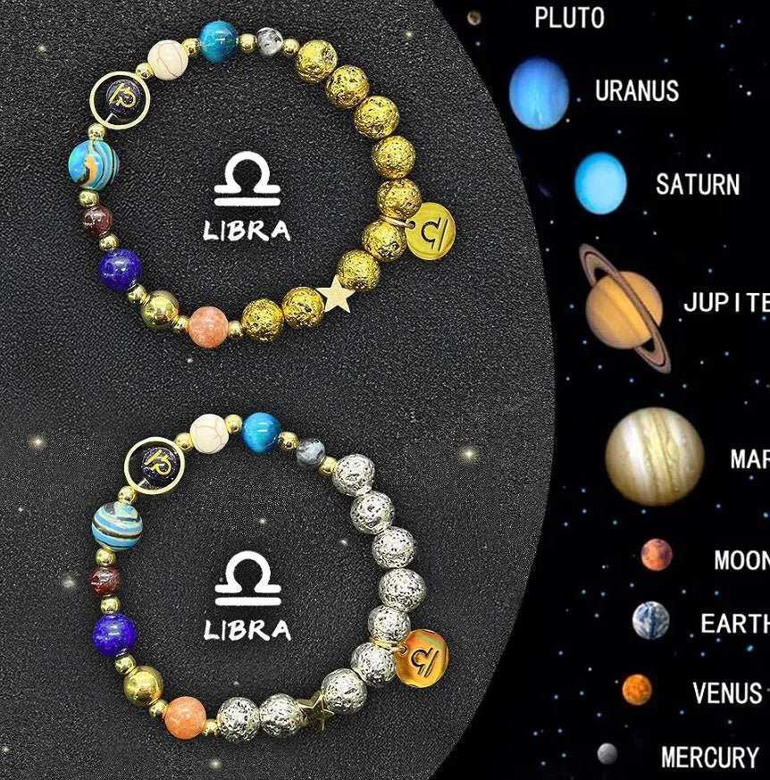 Natural stone bead zodiac bracelets for twelve astrological signs with adjustable cord.