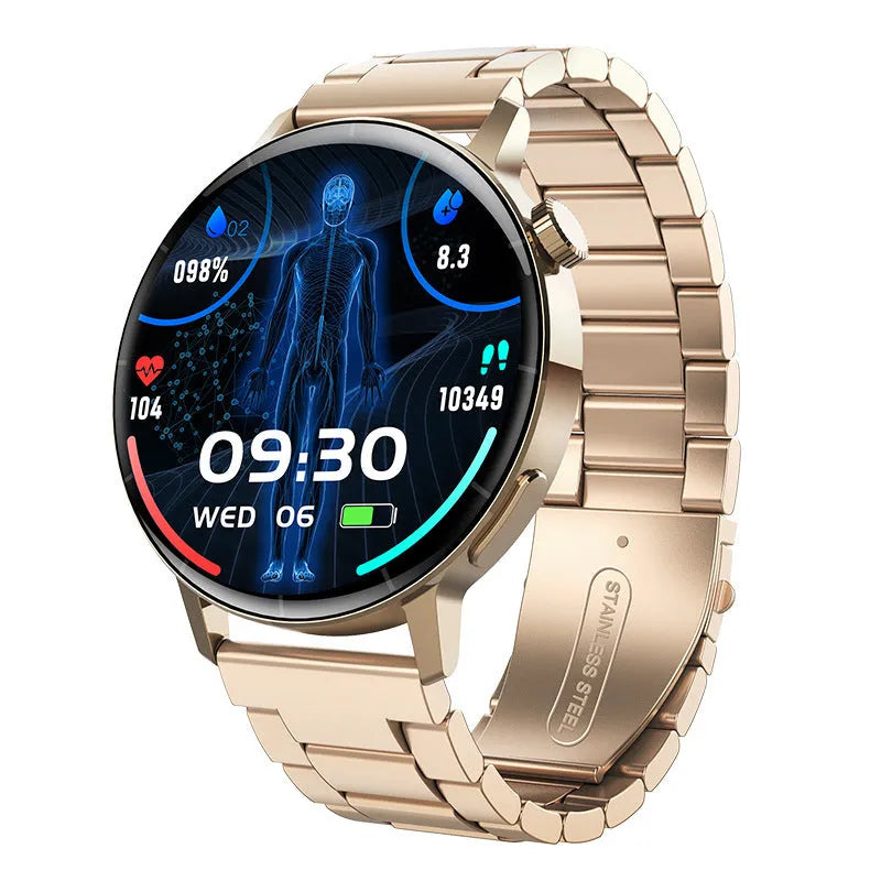 F67S smart watch with red light blood oxygen and glucose monitoring in black leather strap