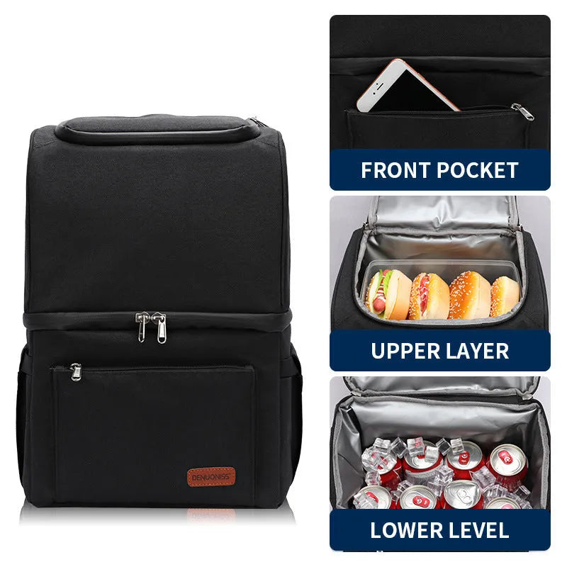 Double-layer insulated blue backpack with 22L capacity and a removable ice pack for picnics.