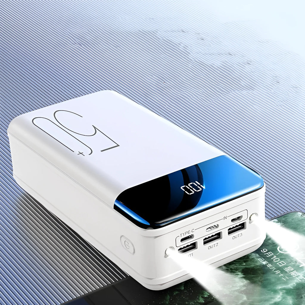 Black and white large 50000mAh portable power bank with three USB ports on the side