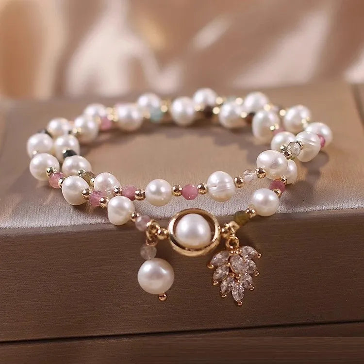 Double circle strawberry quartz bracelet women electroplated crystal flower design