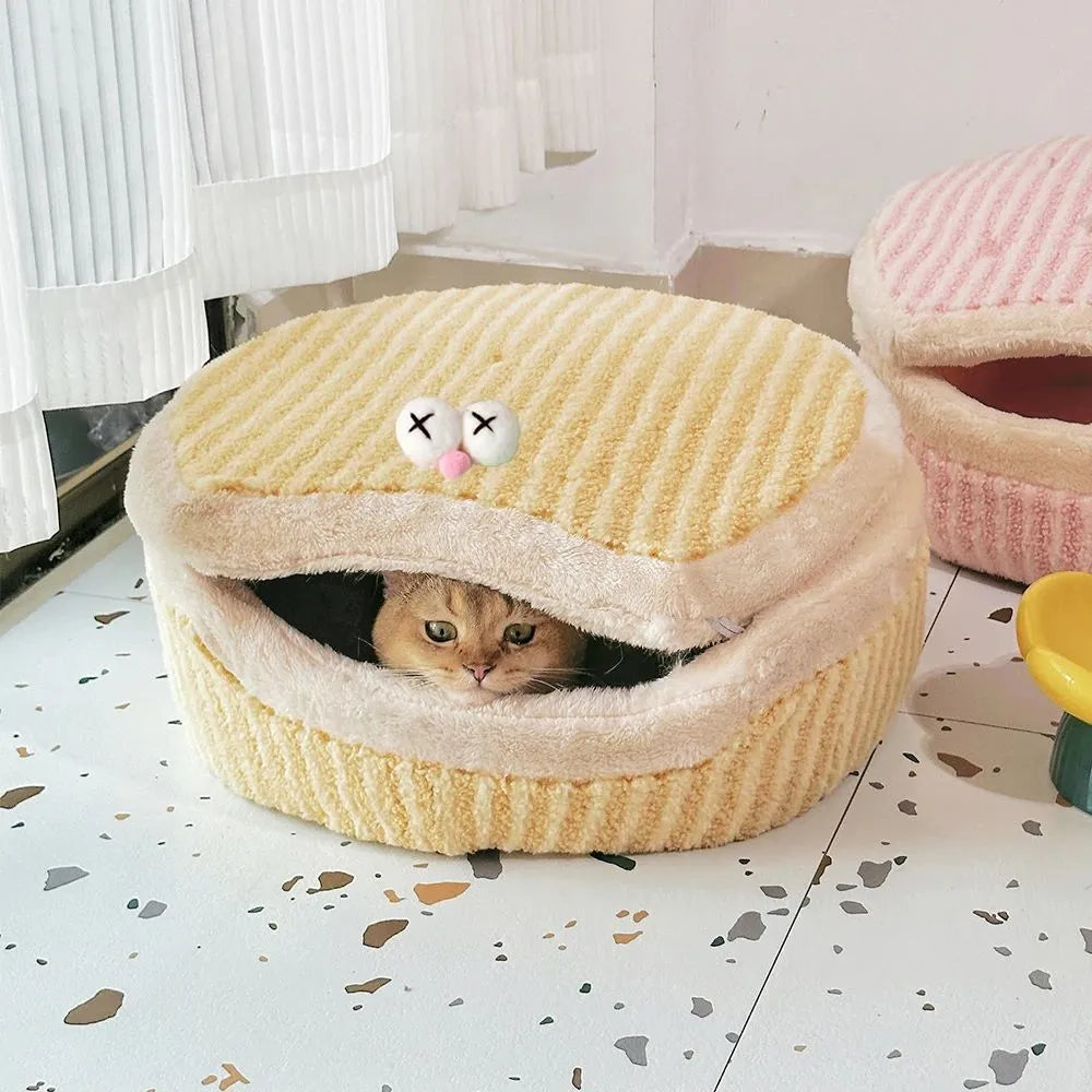 Causeway Braised Sandwich Cat Nest in pink, closed style with lid, 45cm diameter