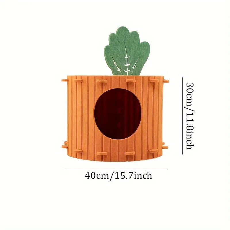 Beige carrot-shaped felt cat nest with multiple holes, shown in a home setting.