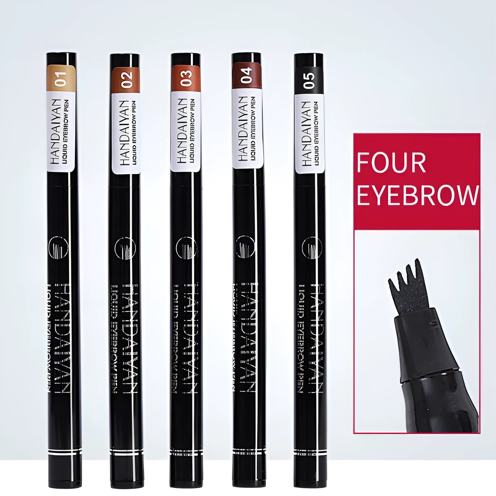 Four-head eyebrow pencil in black with colour options: light coffee, gray coffee, brown, dark brown