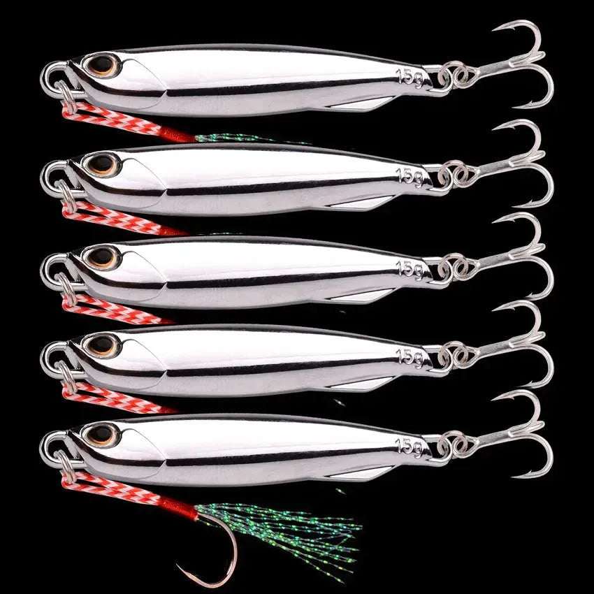 15g plating silvery metal jig lure for sea fishing and saltwater bass, pack of 5 silver jig lures in OPP bag