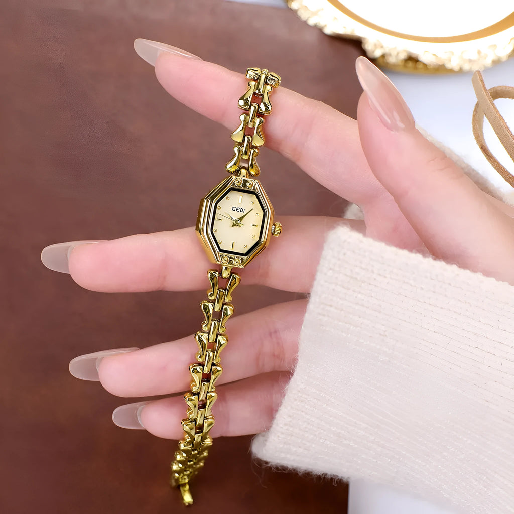 Luxury retro octagonal women's quartz watch with alloy strap and mineral glass dial in steel gold finish