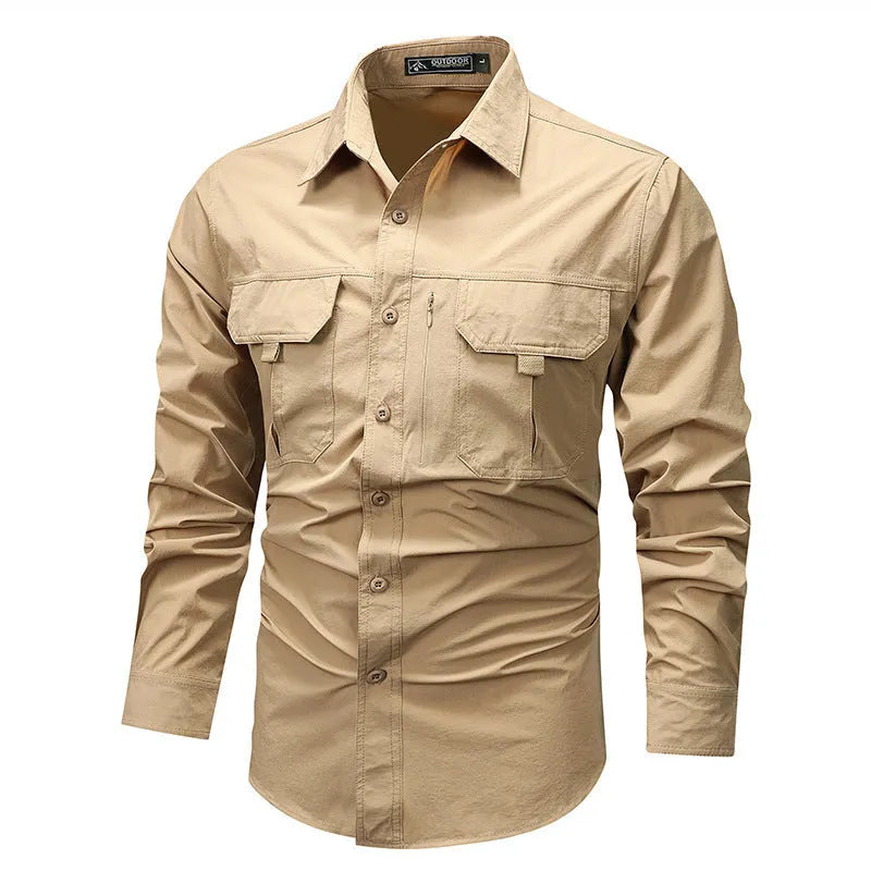 Men's long-sleeved solid colour casual shirt in khaki, regular fit, nylon-blend fabric
