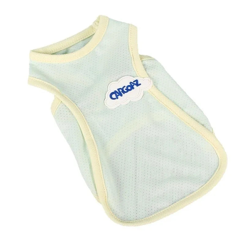 Lightweight grass green polyester vest for a cat, showing a simple sports-style pullover design.