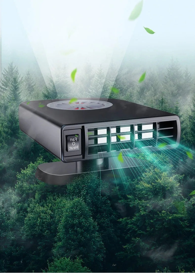 Black compact vehicle-mounted heater for car defrosting and defogging on a dashboard.