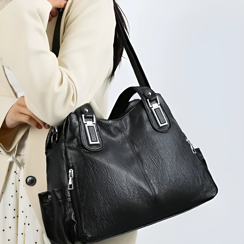 Women's soft PU tote bag with sandwich pocket, square vertical shape, in black, from 2024 European American style range.