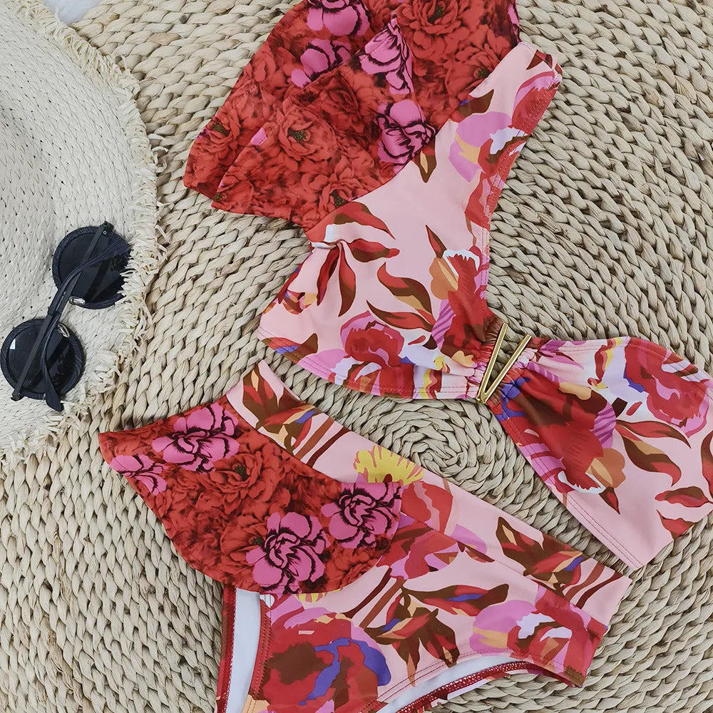 Women's pink floral one-shoulder ruffled high-waist bikini swimsuit