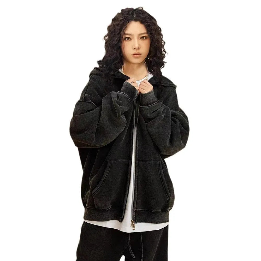 Men's washed cotton hooded cardigan sweater with fleece lining and a double zip front.