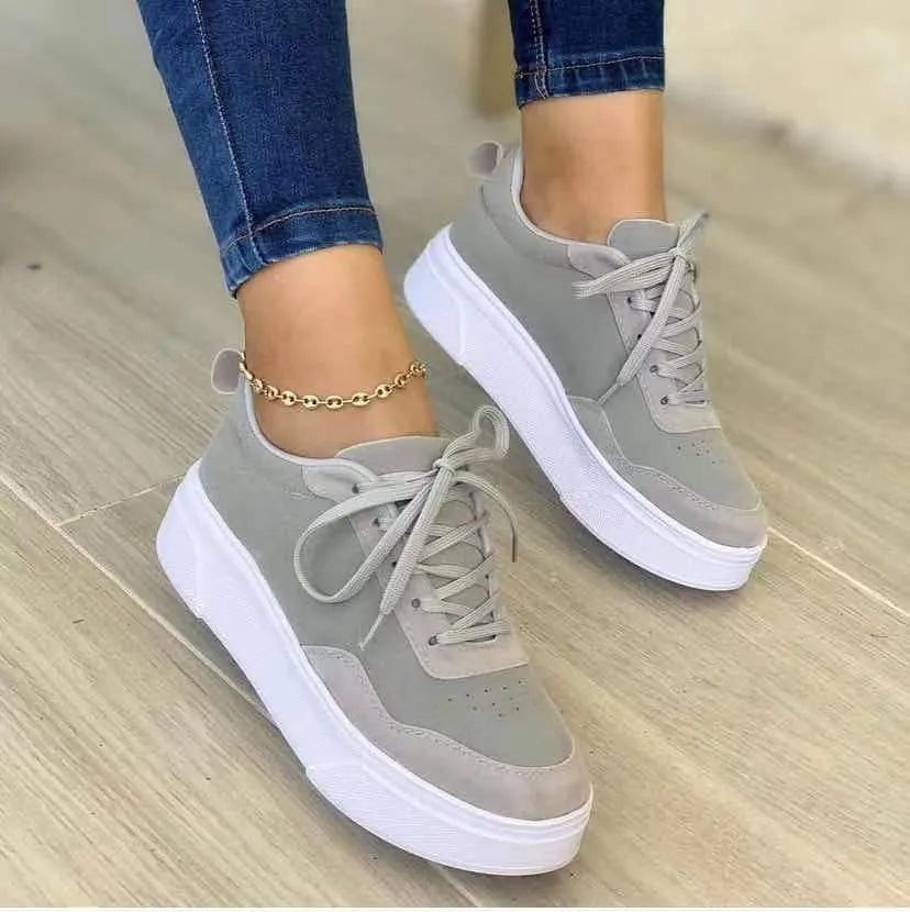 Women's lace-up platform sneakers breathable mesh thick sole cross binding round toe apricot