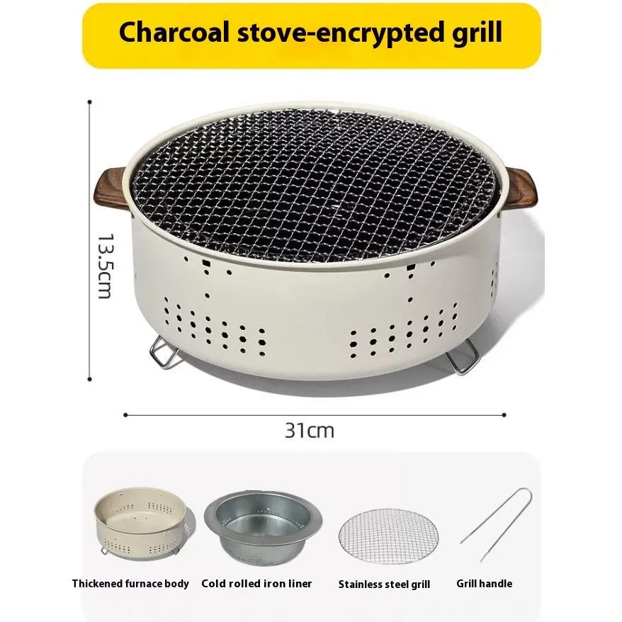 Portable carbon steel charcoal stove with a circular grill rack, for indoor and outdoor cooking.