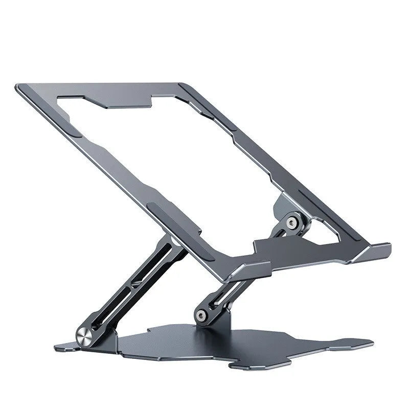 Grey aluminium adjustable laptop stand holding a silver laptop, showing its hollow design and folded position.