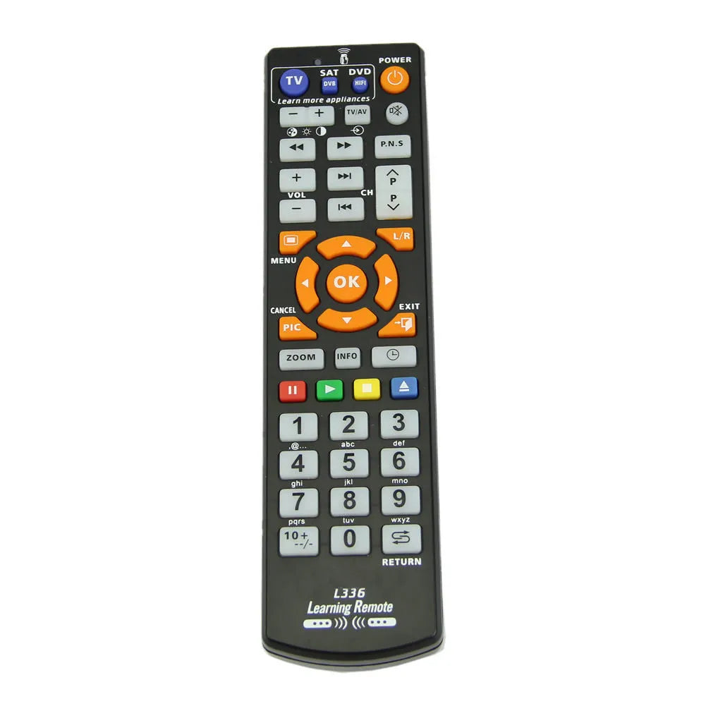 Black L336 learning remote control with full button layout for audio equipment