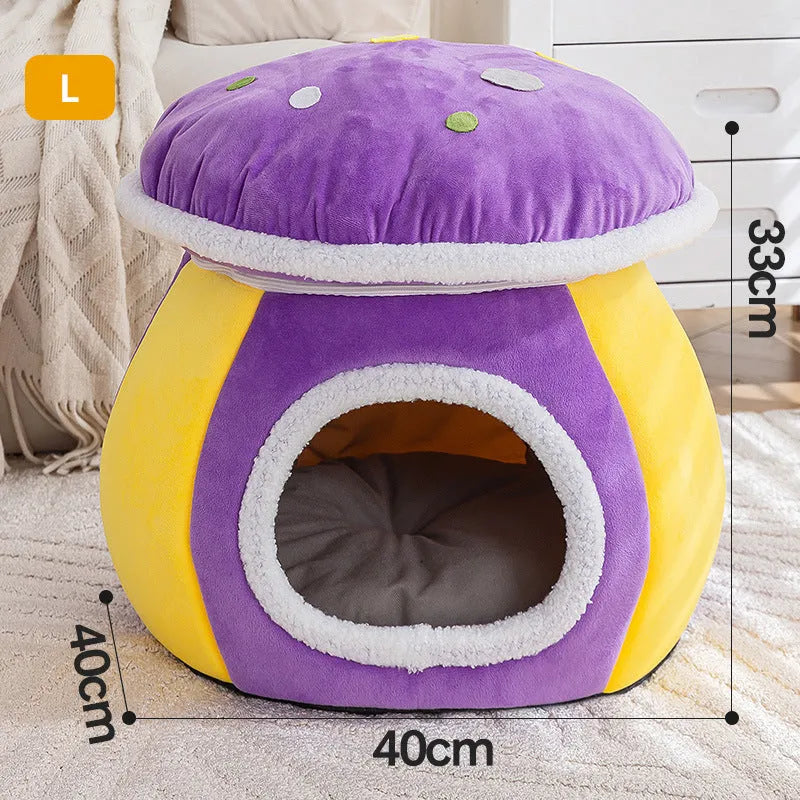 Grey mushroom-shaped plush cat bed with high walls and a soft interior, shown with a detachable matching blanket.