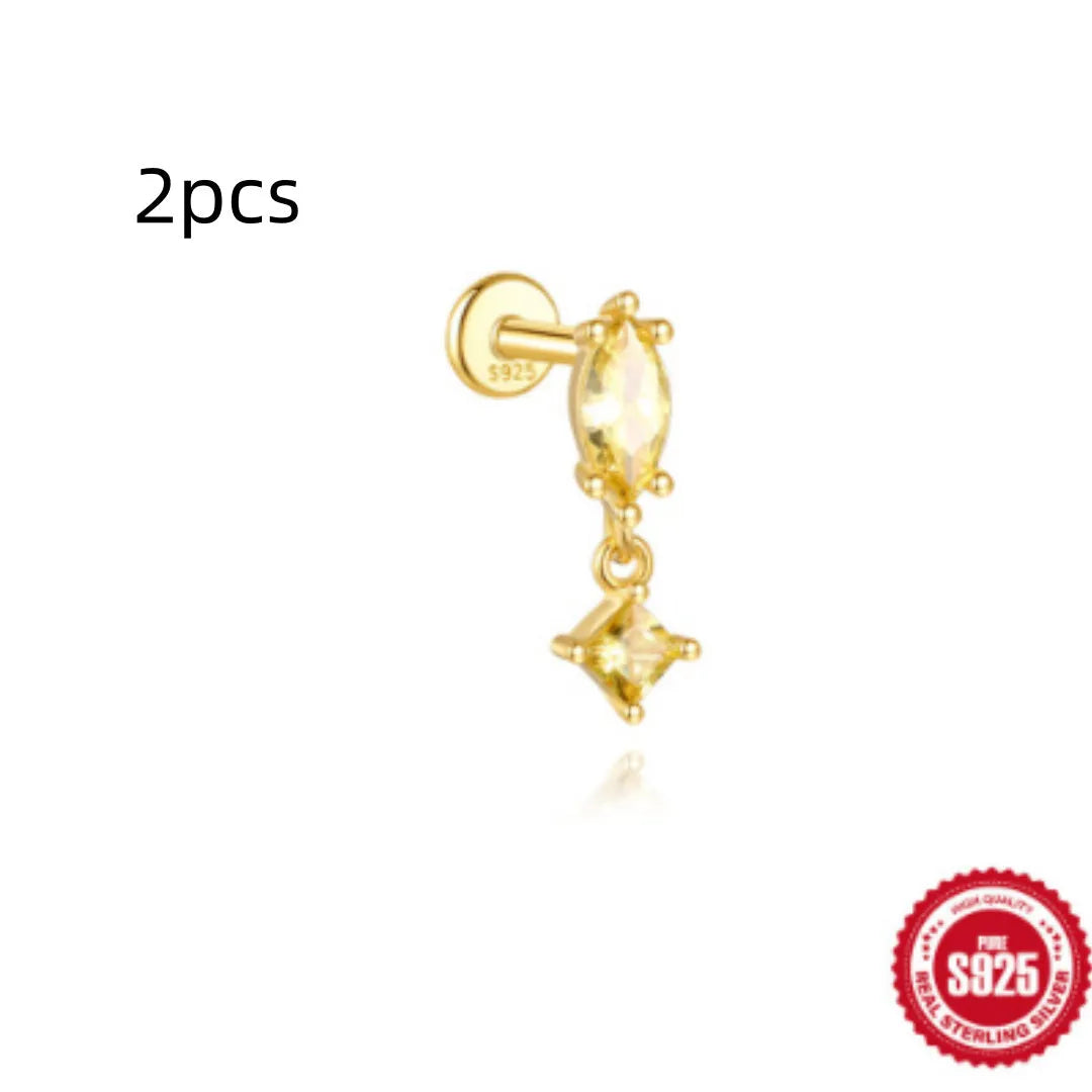 Geometric water drop shaped S925 sterling silver earrings with a flat spiral puncture back, in a gold electroplated finish.