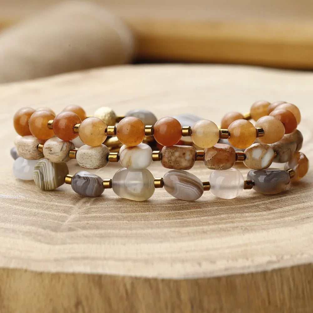 Hand-woven multi-layer bracelet with Persian Gulf agate beads in geometric design showing texture patterns